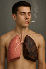 schematic representation of a man and his lungs, blackened by smoking, and a healthy lung
