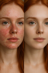 portrait of a girl before and after treatment of a skin disease, redness on the face