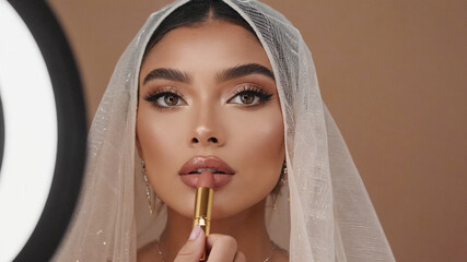 Glamorous Portrait of Woman Applying Lipstick Behind a Veil in Studio Lighting, Emphasizing Elegant Makeup and Subtle Beauty. Image made using Generative AI.