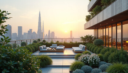 Fototapeta premium A serene, luxurious rooftop terrace with lush greenery overlooking a sprawling cityscape at sunset.