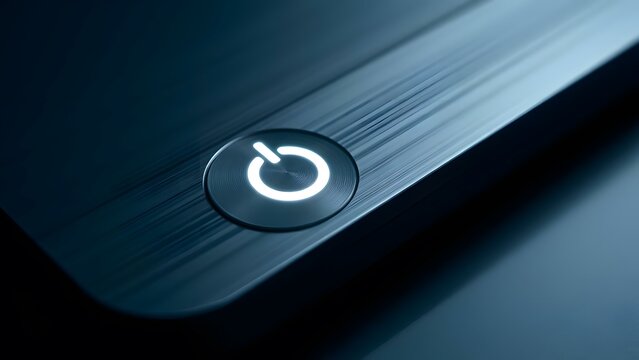 A closeup of a glowing power button on a sleek, modern device against a dark backdrop.