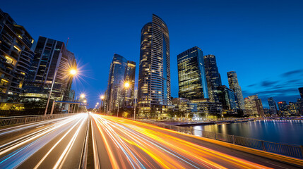 Long exposure night shot of a modern city skyline with skyscrapers and light trails from fast-moving traffic.
