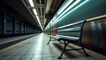 A serene subway platform with an empty bench, capturing the essence of urban transportation and solitude.