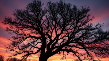 A dramatic silhouetted tree against a vibrant sunset sky showcases nature's beauty and tranquility.