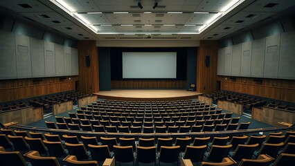 Spacious auditorium with comfortable seating and a large screen, perfect for presentations and events.