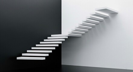 Fototapeta premium A minimalist abstract image of two sets of white floating stairs, one ascending against a stark black wall and the other against a white wall. Symbolizes progress, duality, contrast
