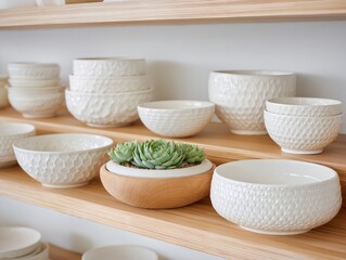 Shelf with many white bowls and a plant in a vase.