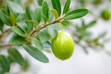 Green olive is hanging from a tree.