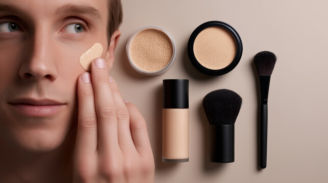 Young man applying foundation with various makeup products and brushes arranged on a neutral background.
