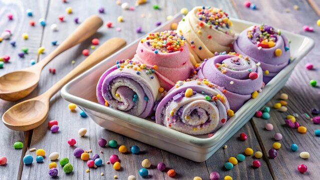 Surprise taro rolled ice cream with rolled taro curls in cup, topped with sprinkles and syrup