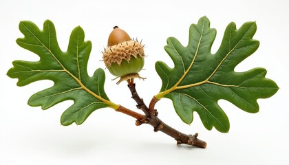 Detailed botanical shot of oak branch Quercus Robur, acorn development. Green leaf lobes isolated on white background. Concept of growth, nature, education, science, flora, ecology, season change.