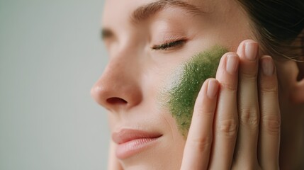 Woman is applying green face mask.