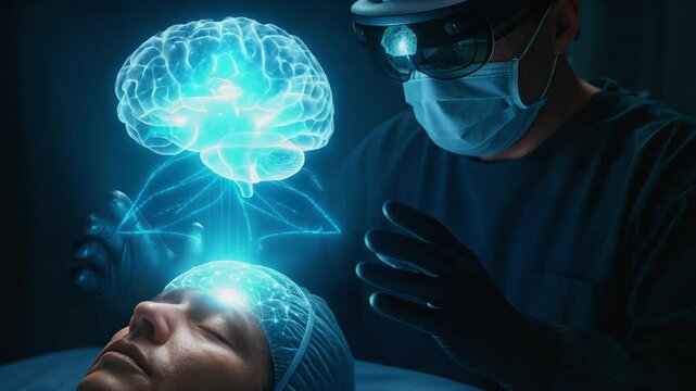 Advanced medical technology allows neurosurgeon wearing augmented reality glasses to examine and interact with patient's brain using hologram, revolutionizing healthcare