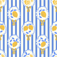 Lemon fruits summer seamless pattern. Hand draw lemons in ribbon frame with bow. Sketch drawing. Vector illustrations in ink line doodle sketch images for fabric, wrapping paper.