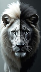 Dramatic artwork white lion merged with black lion, complexity identity, balance opposites. Powerful image creates duality contrast, strength, emotion. Stunning artistic representation evokes modern