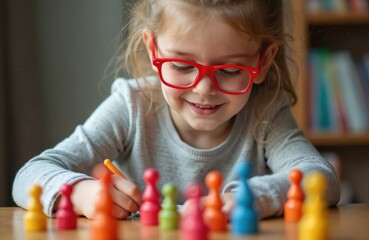 Adorable girl with Down syndrome wearing glasses, smiling, drawing during lesson. Happy child studies, playing with colorful figures. Inclusive education for children with disabilities. Childhood,