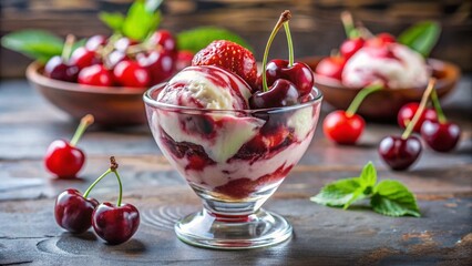 Rippled cherry gelato wave with marble swirls, syrup, and fresh cherries