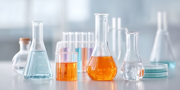 Table with many different colored glass beakers and test tubes.