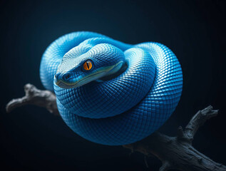 Fototapeta premium Vibrant Cobalt Blue Snake Coiled on Branch - Isolated on Dark Background
