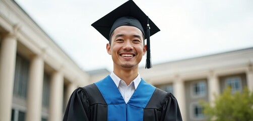Portrait of smiling male graduate celebrating graduation day. Happy student in cap, gown shows achievement. Graduation ceremony, education success university degree, academic progress. Celebration of