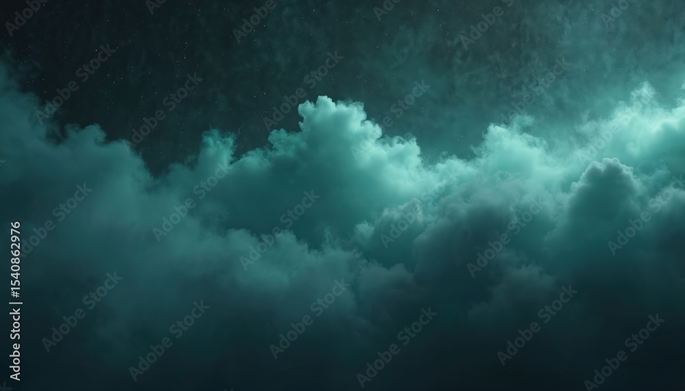 Poster teal fog or smoke on dark space background. illustration features clouds with texture against starry