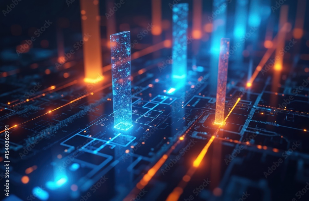 Poster Abstract tech background with glowing blue and orange digital pillars. Futuristic modern design with data stream lines. High-tech style for innovation and computer technology.