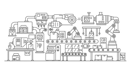 A detailed line drawing of an automated factory assembly line with robotic arms and conveyor belts