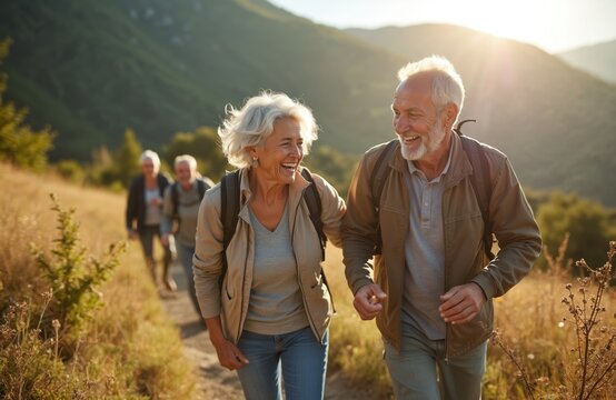 Group senior friends hike together in countryside. Smiling elderly couple walks, holds hands on trail. People enjoy outdoor activity, healthy lifestyle. Retirement vacation at sunny mountains.