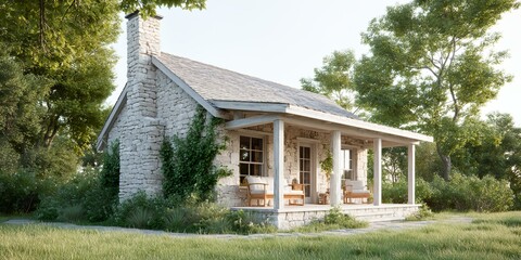 Small house with a porch and a brick chimney.