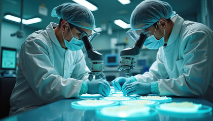 Two scientists in protective gear conduct advanced bioengineering research. Researchers analyze artificial skin samples in high-tech lab. Concept of medical innovation, biotechnology, regenerative