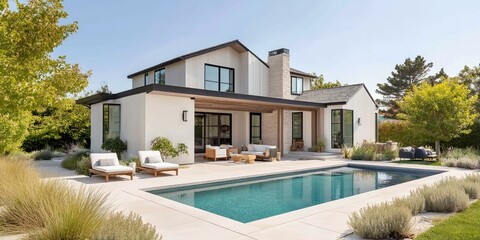Large house with a pool and a patio.