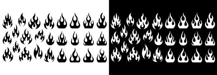 Classic silhouette flame. Black fire set isolated on white background. Old school tattoo neo-tribal style or silhouette flame for cars. Minimalistic stylish fire outline and filled contour. Vector set