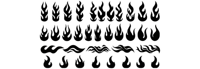 Classic silhouette flame. Black fire set isolated on white background. Old school tattoo neo-tribal style or silhouette flame for cars. Minimalistic stylish fire outline and filled contour. Vector set