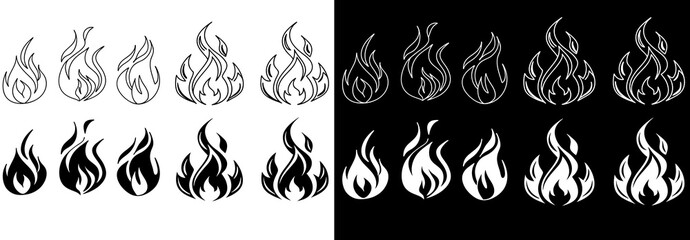 Classic silhouette flame. Black fire set isolated on white background. Old school tattoo neo-tribal style or silhouette flame for cars. Minimalistic stylish fire outline and filled contour. Vector set