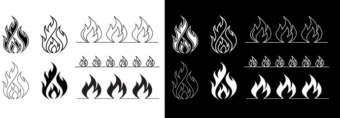 Classic silhouette flame. Black fire set isolated on white background. Old school tattoo neo-tribal style or silhouette flame for cars. Minimalistic stylish fire outline and filled contour. Vector set