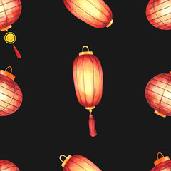 Fototapeta premium Seamless pattern of traditional Chinese lanterns. Red round and oval paper lanterns with warm glow, arranged diagonally on a white background. Hand-painted watercolor illustration.