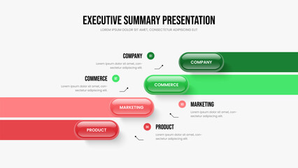 Advertising Innovation 4 Step Diagram Presentation Design. Enterprise Review Slideshow Template Vector Illustration. Sales Overview Four Element Infographic Slide Layout.