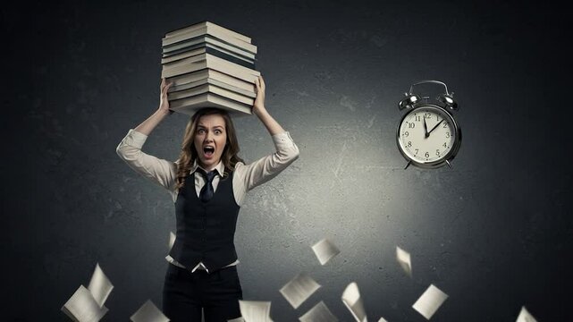 Woman balancing books with floating papers and alarm clock representing academic stress and time management