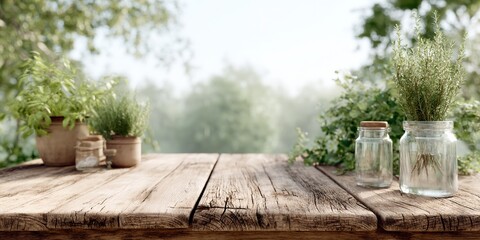 Wooden table with two vases of herbs and a potted plant.