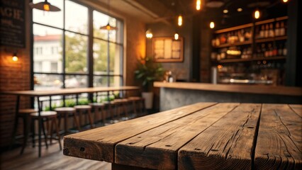 Rustic Wooden Table in Blurred Bar Setting, Warm Lighting, Bokeh, Wooden Texture, Bar Interior, Pub, Cafe Restaurant