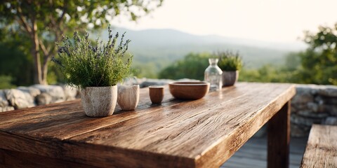 Wooden table with a vase of flowers and a bowl of fruit.