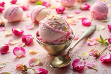 Delicate pink rose-flavored gourmet ice cream with petals, syrup, and elegant scoop