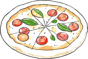 Watercolor vector illustration of a pizza.