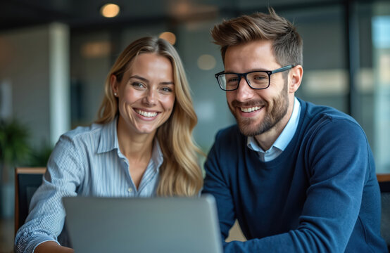 Business colleagues working online together at office with laptop. Smiling man, woman. Partnership teamwork concept. Remote work, online meeting, video call, modern tech, business communication. - Powered by Adobe
