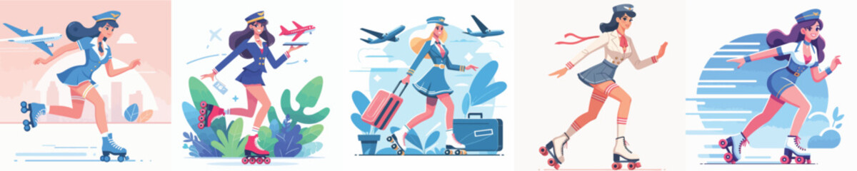 stewardess roller skating vector