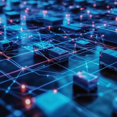 Fototapeta premium A futuristic supply chain managed by AI visualized as a digital network Focus on the digital network and connections