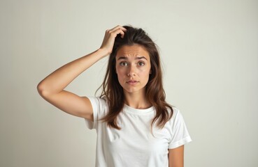 Fototapeta premium Young brunette woman with confused expression scratching head. Portrait of puzzled female with bewildered, uncertain expression. Unsure lady question, know answer. Concept of doubt uncertainty.
