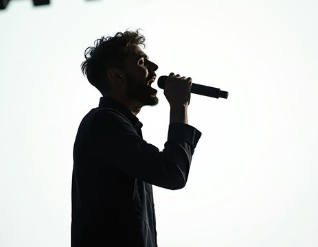 Silhouette of young male singer performing on stage. Musician holds microphone singing with passion. Vocalist entertains audience in concert. Entertainment, live music performance. - Powered by Adobe