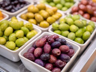 White bowl of green olives sits next to a white bowl of purple olives.