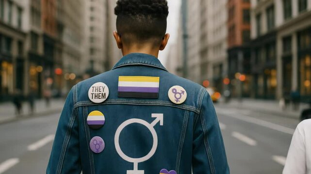 Non-binary activist walking confidently through urban streets, proudly wearing denim jacket adorned with identity-affirming pins and flags representing personal pride and community visibility